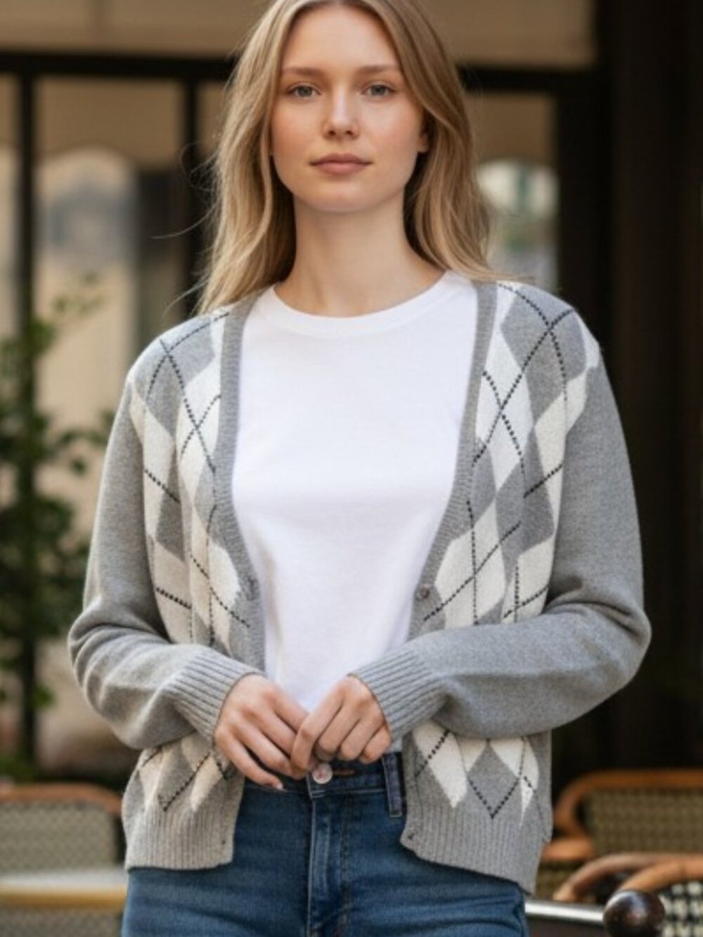 John Galt Brandy Melville Gray White Argyle Cardigan Sweater Size S